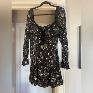 Free People Black Floral Long-Sleeve Mini Dress
